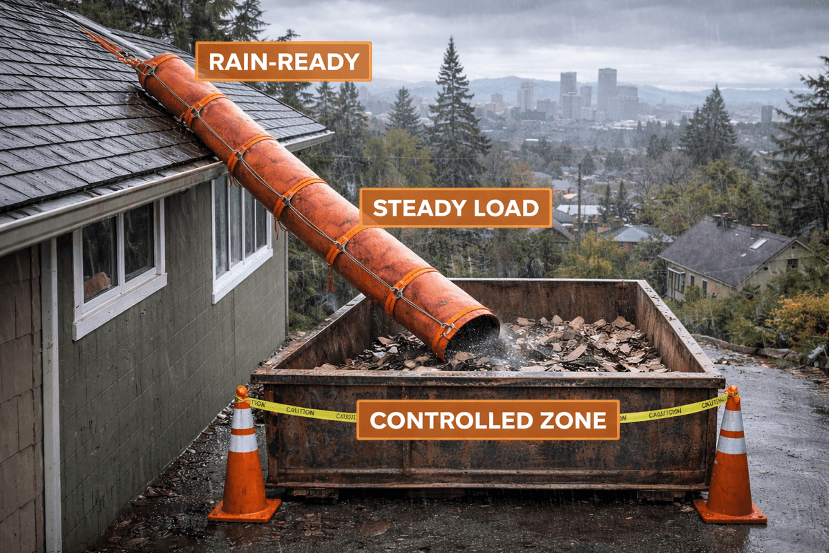 Roofing tear-off debris chute setup on Staten Island driveway